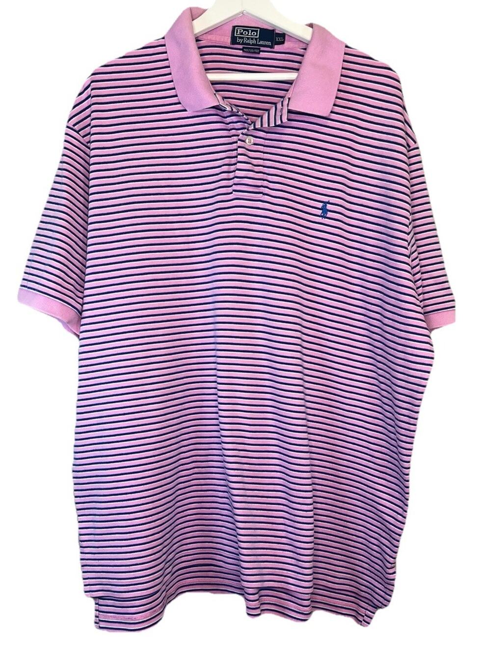 Vintage Polo Ralph Lauren Men's 2XL Pink Striped Polo Shirt Blue Pony